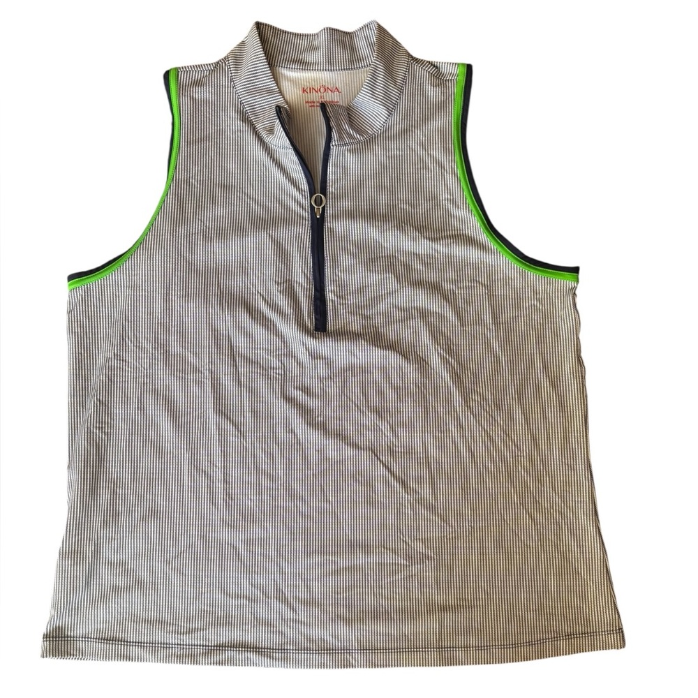 Kinona Women’s Striped Sleeveless Golf Tee with Green and Navy Trim